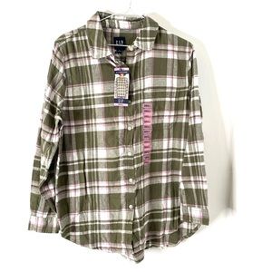 GAP Green Pink Plaid Boyfriend Flannel Shirt NWT Collared Button Front Cotton